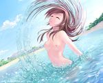  atomix beach breasts brown_hair closed_eyes cloud day dutch_angle island large_breasts long_hair md5_mismatch nipples nude ocean open_mouth original outdoors sky solo splashing text_focus water watermark web_address 