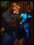  blue blue_eyes canine chibi-marrow ear_piercing gay green_eyes male pants piercing saber_tooth sabertooth shirt wolf 