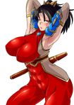  abs armpits arms_behind arms_behind_back arms_behind_head arms_up black_hair blush body_blush bodysuit breasts elbow_gloves female gloves huge_breasts long_hair marimo_(ankokumarimo) namco ninja ponytail red_eyes sheath simple_background skin_tight solo soul_calibur soulcalibur_iv taki taki_(soulcalibur) white_background 