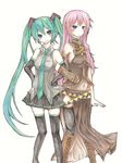  bad_id bad_pixiv_id blush colored_pencil_(medium) green_hair hatsune_miku kaze_yaku locked_arms long_hair megurine_luka millipen_(medium) multiple_girls pink_hair simple_background thighhighs traditional_media twintails vocaloid zettai_ryouiki 