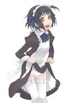  apron arashiyama_hotori bad_id bad_pixiv_id black_hair bow dress dress_lift face garter_straps highres long_sleeves maid maid_headdress mizuki_(koko_lost) open_mouth short_hair side_ponytail smile solo soredemo_machi_wa_mawatteiru thighhighs white_legwear wrist_cuffs yellow_eyes 