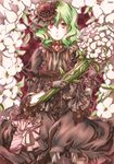  absurdres alternate_costume bad_id bad_pixiv_id black_gloves bouquet checkered checkered_background dress flower frills gloves gothic_lolita green_hair hair_ornament highres kazami_yuuka lily_(flower) lolita_fashion red_eyes short_hair solo suou_sakura too_many too_many_frills touhou 