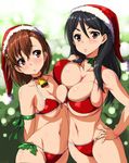  :&lt; asymmetrical_docking bell bell_collar bikini black_hair blush body_blush bow breast_envy breast_press breasts brown_eyes brown_hair christmas cleavage collar cross fukiyose_seiri groin hand_on_hip hat large_breasts long_hair looking_at_breasts misaka_mikoto multiple_girls navel neck_ribbon nekomamire ribbon santa_hat swimsuit to_aru_kagaku_no_railgun to_aru_majutsu_no_index 