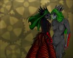  5:4 avian banrai beak bird black black_feathers blue_eyes dress feathers gears green_hair mask nude red red_dress standard_monitor tias_macase wallpaper 