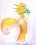  big_tail blue_eyes blush bottomless breasts butt canine covering covering_self digimon female fox fur mammal nude pawpads plain_background renamon shy side_boob simple_background solo tail tsampikos white_background white_fur yellow_fur 