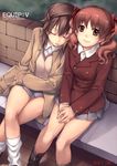  bench boots brown_eyes brown_hair coat hair_ribbon head_on_shoulder highres kneehighs long_hair loose_socks misaka_mikoto multiple_girls pua ribbon scan shirai_kuroko short_hair skirt sleeping socks sweater_vest to_aru_kagaku_no_railgun to_aru_majutsu_no_index twintails yuri 