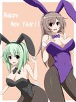  animal_ears breasts brown_hair bunny_ears bunnysuit cleavage green_hair large_breasts long_hair medium_breasts multiple_girls new_year original pantyhose red_eyes short_hair yellow_eyes zefyu 