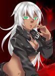  bent_over breasts cleavage cross dark_skin genderswap green_eyes jacket k k' king_of_fighters kof large_breasts long_hair m.u.g.e.n makeup midnight_bliss mugen_(game) navel open_clothes open_mouth open_shirt pixiv_manga_sample shirt shorts snk white_hair 