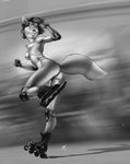  black_hair breasts building elbow_pads furry glasses gloves greyscale inline_skates knee_pads medium_breasts monochrome motion_blur nipples nude roller_skates short_hair skates solo sunglasses tail 