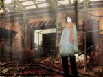  bad_id bad_pixiv_id brown_hair chair copyright_request folding_chair railroad_signal railroad_tracks ruins scarf short_hair solo standing warehouse yoshidaworks 