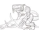  all_fours black_and_white couple digimon dinosaur doggystyle duo eyes_closed feral from_behind gay greymon helmet line_art machine machinedramon male mechanical monochrome mugendramon plain_background robot scalie sex tongue tongue_out unknown_artist white_background 