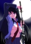  black_hair breasts full_moon hyakuen_raitaa katana long_hair medium_breasts moon necktie open_clothes open_shirt original purple_eyes sheath shirt skirt solo sword underboob unsheathing weapon 