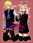  1girl bad_id bad_pixiv_id blonde_hair blue_eyes blush bubble_blowing chewing_gum dorohedoro earrings engrish fingerless_gloves gloves hammer jewelry leir18 noi_(dorohedoro) ranguage shin_(dorohedoro) silver_hair stitches thighhighs younger 