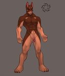  4_toes abs anthro balls biceps big_muscles blaine blaine_edan blue_eyes brown_fur canine claws doberman dog faint flaccid fur heterochromia male mammal muscles nude pecs penis pose red_eyes retracted_foreskin solo standing tattoo toe_claws uncut 