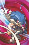  ahoge angry animal_ears arnold_tsang ass back bangs big_hair blue_eyes blue_hair breasts cat_ears cat_tail claws feet felicia fighting_stance foreshortening fur hands joe_madureira jumping large_breasts leaning_forward lips long_hair looking_at_viewer looking_back motion_blur nude official_art outstretched_arm paws profile ribs sideboob signature slit_pupils soles solo tail thighhighs udon_entertainment vampire_(game) very_long_hair 