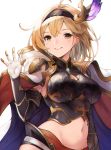  1girl ahoge armor armpit_peek black_hairband blonde_hair breastplate breasts brown_eyes cape cleavage cleavage_cutout closed_mouth commentary_request crop_top djeeta_(granblue_fantasy) earrings feathers gauntlets gloves granblue_fantasy groin hair_intakes hair_ornament hairband hand_up highres jewelry koretsuki_azuma large_breasts looking_at_viewer midriff navel short_hair shoulder_armor simple_background smile solo stomach upper_body white_background white_cape white_gloves 