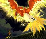  beak bird claws feral fire gold_(character) gold_(pokemon) group hat ho-oh human legendary_pok&#233;mon male mammal nintendo pok&#233;ball pok&#233;mon pok&#233;mon_trainer pok&eacute;ball pok&eacute;mon pokemon_trainer quilava red_eyes roof size_difference talons unknown_artist video_games 
