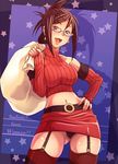  amasaki_aoi breasts brown_eyes brown_hair e20 garter_belt glasses large_breasts midriff original panties pencil_skirt sack short_hair skirt solo thighhighs underwear 