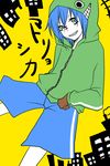  bad_id bad_pixiv_id blue_hair crazy_eyes gloves grin highres hood hoodie kaito male_focus matryoshka_(vocaloid) multicolored multicolored_eyes smile solo vocaloid 