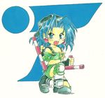  90s angry badge belt blue_eyes blue_hair boots earrings gloves hat jewelry kneeling open_mouth short_hair shorts solo tonfa toushinden tracy_(toushinden) weapon 