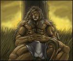  balls big_balls body_hair bulge feline happy_trail lion male mammal muscles penis pose rrowdybeast silver_fenrir solo 