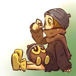  acorn blush_stickers boots brown_hair gen_3_pokemon hat hitec looking_up moemon personification pokemon pokemon_(creature) pokemon_on_lap scarf seedot sitting sitting_on_lap sitting_on_person sweater yellow_eyes 