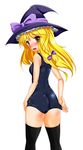  adjusting_clothes adjusting_swimsuit bad_id bad_pixiv_id black_legwear blonde_hair blush braid fang from_behind hat highres kirisame_marisa looking_back one-piece_swimsuit school_swimsuit shiny shiny_clothes skindentation solo standing swimsuit tera_hiroshi thighhighs touhou witch_hat yellow_eyes 