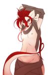  dragon fangs female hair long_tongue looking_at_viewer markings nipples piercing raised_arm red_eyes red_hair small_breasts solo stomach tongue topless trap tsampikos 