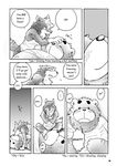  blush canine comic crossed_arms crosslegged dialog dialogue dog english_text gay greyscale hard_translated illness kissing male mammal monochrome overweight sweat text translated wantaro 