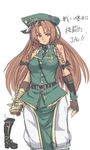  alternate_costume bare_shoulders braid fingerless_gloves gauntlets gloves hat highres hong_meiling houtengeki jaoooo long_hair military military_uniform necktie peaked_cap red_eyes red_hair sketch sleeveless solo tattoo touhou translated twin_braids uniform 