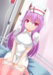  alternate_costume animal_ears blush breasts bunny_ears dutch_angle hat intravenous_drip large_breasts long_hair nurse nurse_cap oga_raito pink_legwear purple_hair red_eyes reisen_udongein_inaba seiza sitting solo thighhighs touhou 