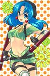  90s :d akr_et bad_id bad_pixiv_id bare_shoulders belt blue_eyes blue_hair crop_top earrings gloves hat hexagram jewelry light_smile long_hair midriff navel off_shoulder open_fly open_mouth polka_dot polka_dot_background shorts smile solo star thigh_strap tonfa toushinden tracy_(toushinden) unzipped weapon 