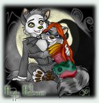  blue_eyes bow_tie brown_hair canine cosplay cuddle cuddling duo female glitterwing hair halloween holidays male malkil mammal moon nightmare_before_christmas raccoon stitches straight the_nightmare_before_christmas wolf yellow_eyes 