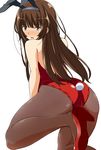  amagami animal_ears ass bare_shoulders black_legwear blush brown_hair bunny_ears bunny_girl bunny_tail bunnysuit commentary_request fake_animal_ears from_behind hairband high_heels kamizaki_risa long_hair looking_back open_mouth pantyhose shoes shouji_nigou simple_background solo tail white_background 