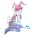  alternate_color animal_ears brown_eyes brown_hair bunny_ears bunny_girl bunny_tail commentary highres iesupa long_hair rwby scarf shorts snow snow_bunny solo tail velvet_scarlatina 