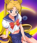  90s anime_coloring bishoujo_senshi_sailor_moon blonde_hair blue_eyes blue_sailor_collar bow crescent_moon haruyama_kazunori juuban_middle_school_uniform long_hair moon official_style oldschool panties pleated_skirt pubic_hair red_bow sailor_collar sailor_senshi_uniform school_uniform serafuku skirt solo tsukino_usagi twintails underwear very_long_hair 