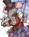  corset elephant female hat horns jewelry key lizardbeth piercing purple_eyes solo steampunk top_hat trunk umbrella watch 