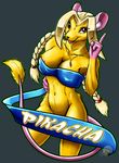  2010 badge black_nose blonde_hair braids breasts brown_eyes cleavage covering_self english_text female gesture grey_background hair long_hair mouse navel necklace nikkyvix nude open_mouth pikacha ribbons rodent solo tail tail_tuft twin_tails whiskers yellow 