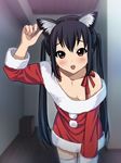  animal_ears bare_shoulders black_hair blush brown_eyes cat_ears christmas downblouse hairband k-on! long_hair nakano_azusa open_mouth round_teeth ryunnu santa_costume solo standing teeth thighhighs twintails white_legwear 