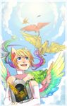  2010 animal_ears avian bird blue_eyes cage clouds cookiehana flying hair male open_mouth ponytail rainbow_hair short_hair sky tail teeth tongue wings 