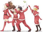  3boys alternate_headwear bel_(pokemon) boots capelet cheren_(pokemon) christmas closed_eyes elbow_gloves gloves hat in_container in_sack kidnapping lifting maruki_(punchiki) multiple_boys multiple_girls n_(pokemon) open_mouth pokemon pokemon_(game) pokemon_bw sack santa_boots santa_costume santa_hat smile thigh_boots thighhighs touko_(pokemon) touya_(pokemon) 