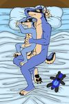  anthro badger basil_badger_(character) bed blue blue_fur brother cub duo eyes_closed fur gay incest male mammal mustelid plushie sheath sibling sleeping spookaboo stripes young 