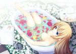  aka_(shoumae) bad_id bad_pixiv_id barefoot bath bathing bathtub blonde_hair blue_eyes book breasts cat claw_foot_bathtub dress flower long_hair looking_at_viewer looking_up medium_breasts nipples nude original petals red_flower red_rose ribbon-trimmed_clothes ribbon_trim rose rose_petals rubber_duck solo tiles 