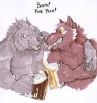  2010 abs beer brown canine caption claws colored couple ear_tufts glass grey jack lager looking_at_each_other male muscles open_mouth rensis smile standing tathi tongue warcraft white_background wolf worgen world_of_warcraft yellow_eyes 