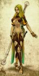 anorexic big_breasts blonde_hair breasts cleavage clothed clothing female fingerless_gloves gloves green_eyes hair hip_tattoo human magic_user mammal navel not_furry polearm pubic_tattoo skimpy skinny solo staff sunamori tattoo thigh_tattoo under_boob weapon wide_hips 