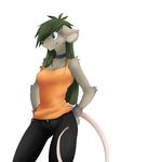  black_nose blue_eyes buckteeth button clothed clothing collar cute female green_hair hair long_hair mammal mouse pants rodent shirt singlet solo tail tank_top zipperface 