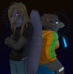  annoying_watermark anthro avian beak bird bracelet brittany_mckinnish brown_hair clothed clothing couple crow duo ear_piercing earring eyewear female glasses glowstick hair hoodie jeans jewelry long_hair male piercing red_eyes shirt short_hair watermark wings 