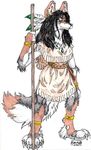 belt black_hair canine cosplay coyote feathers female fenrir_lunaris hair plantigrade polearm solo staff standing 