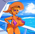  2019 anthro anthrofied areola big_breasts bikini blonde_hair blue_eyes breasts butt cleavage clothed clothing colored_nails cutie_mark digital_media_(artwork) ear_piercing earth_pony equid equine eyeshadow female friendship_is_magic hair half-closed_eyes hand_on_breast hand_on_hip hat horse huge_breasts makeup mammal mature_female ms._harshwhinny_(mlp) my_little_pony open_mouth open_smile piercing pony sea short_hair skimpy sling_bikini smile smutbooru solo standing swimsuit teeth tongue water 