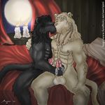  abs ajani balls barbs bed black black_fur braids candle couple cum curtains eyes_closed felid feline fur gay hug kissing lion male mammal mane masturbation moon moonlight muscles night nipples nude pecs penis piercing precum romantic tail white white_fur white_lion 